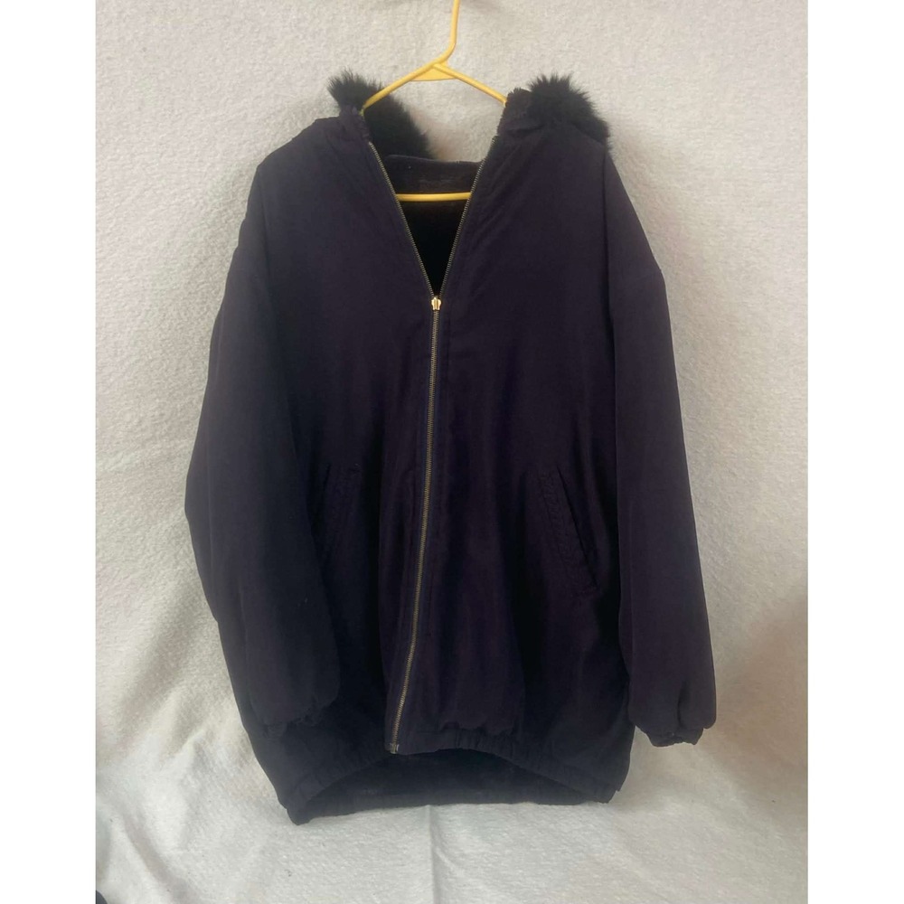 IZZI Women Dark Purple Faux Fur Trim‎ Hooded Full Zip Jacket Coat Plush L/XL